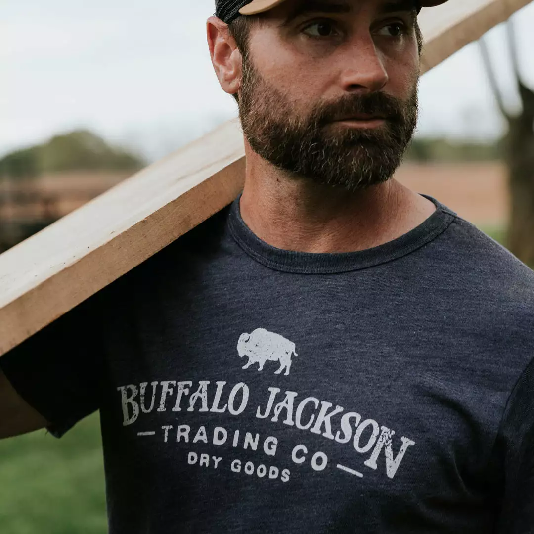 Buffalo Jackson Trading Co. Apparel Graphic Logo Tee | Heather Navy 4 Buffalo Jackson Trading Co. Apparel Graphic Logo Tee | Heather Navy