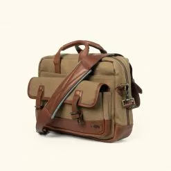 Buffalo Jackson Trading Co. Dakota Reserve Waxed Canvas Leather Briefcase | Field Khaki With Chestnut Brown