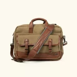 Buffalo Jackson Trading Co. Dakota Reserve Waxed Canvas Leather Briefcase | Field Khaki With Chestnut Brown