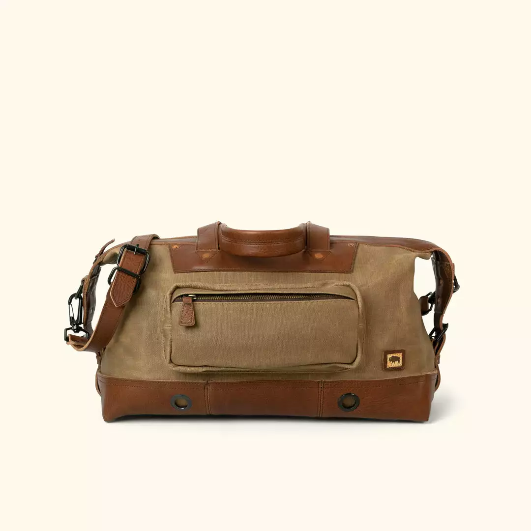 Buffalo Jackson Trading Co. Leather Duffle Bags Dakota Waxed Canvas Weekend Bag | Field Khaki W/ Chestnut Brown Leather 3 Buffalo Jackson Trading Co. Leather Duffle Bags Dakota Waxed Canvas Weekend Bag | Field Khaki W/ Chestnut Brown Leather