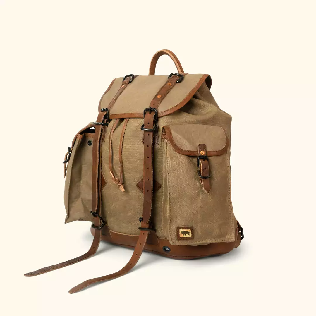 Buffalo Jackson Trading Co. Leather Travel Bags Dakota Waxed Canvas Rucksack | Field Khaki W/ Chestnut Brown Leather