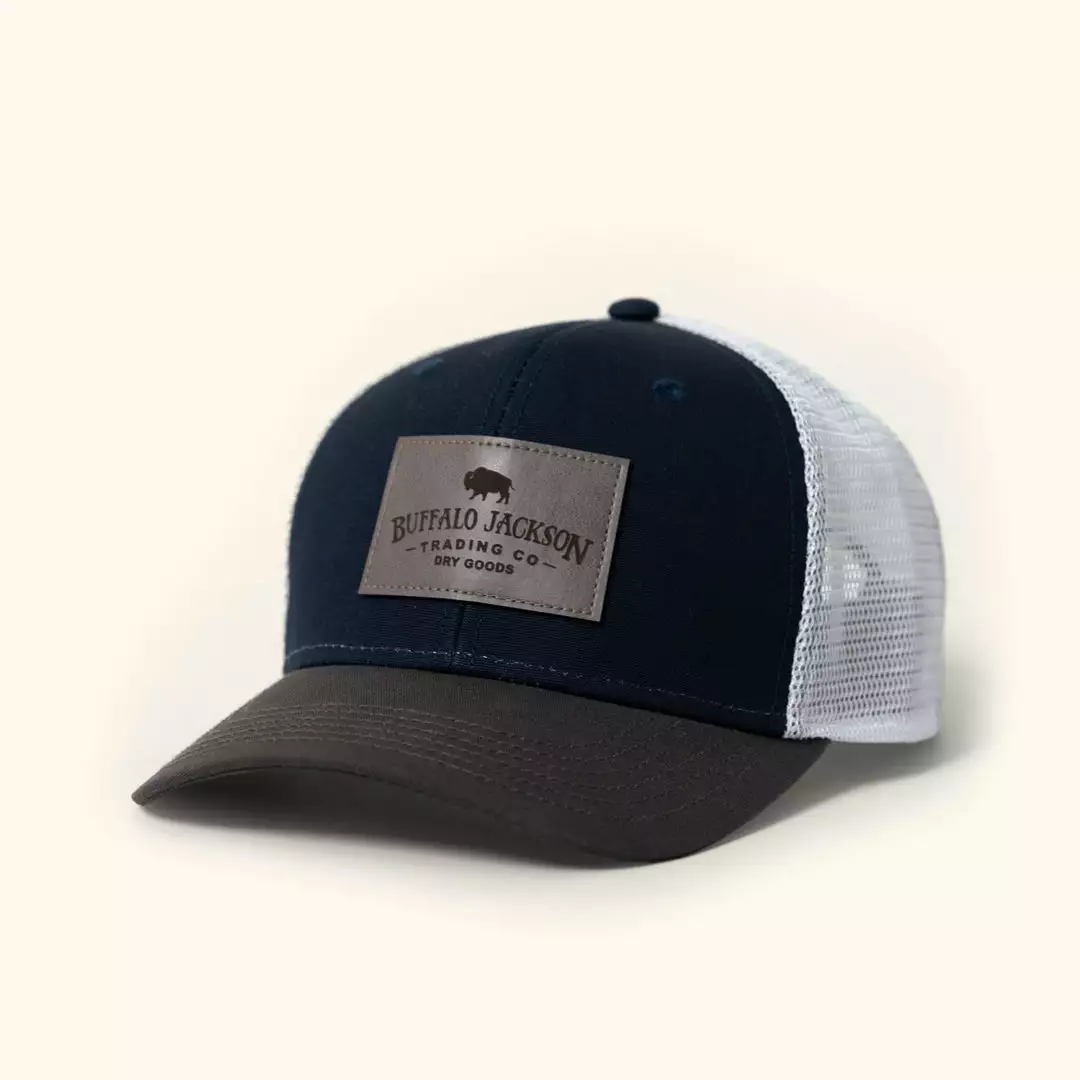 Buffalo Jackson Trading Co. Accessories Trucker Leather Gray Patch Hat | Navy And Gray 3 Buffalo Jackson Trading Co. Accessories Trucker Leather Gray Patch Hat | Navy And Gray