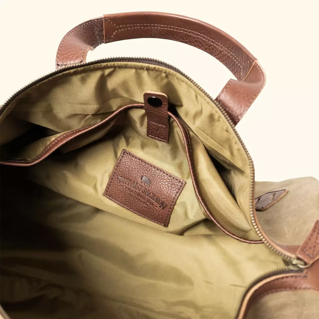 Buffalo Jackson Trading Co. Dakota Waxed Canvas Duffle Bag/Backpack | Field Khaki W/ Chestnut Brown Leather 11 Buffalo Jackson Trading Co. Dakota Waxed Canvas Duffle Bag/Backpack | Field Khaki W/ Chestnut Brown Leather