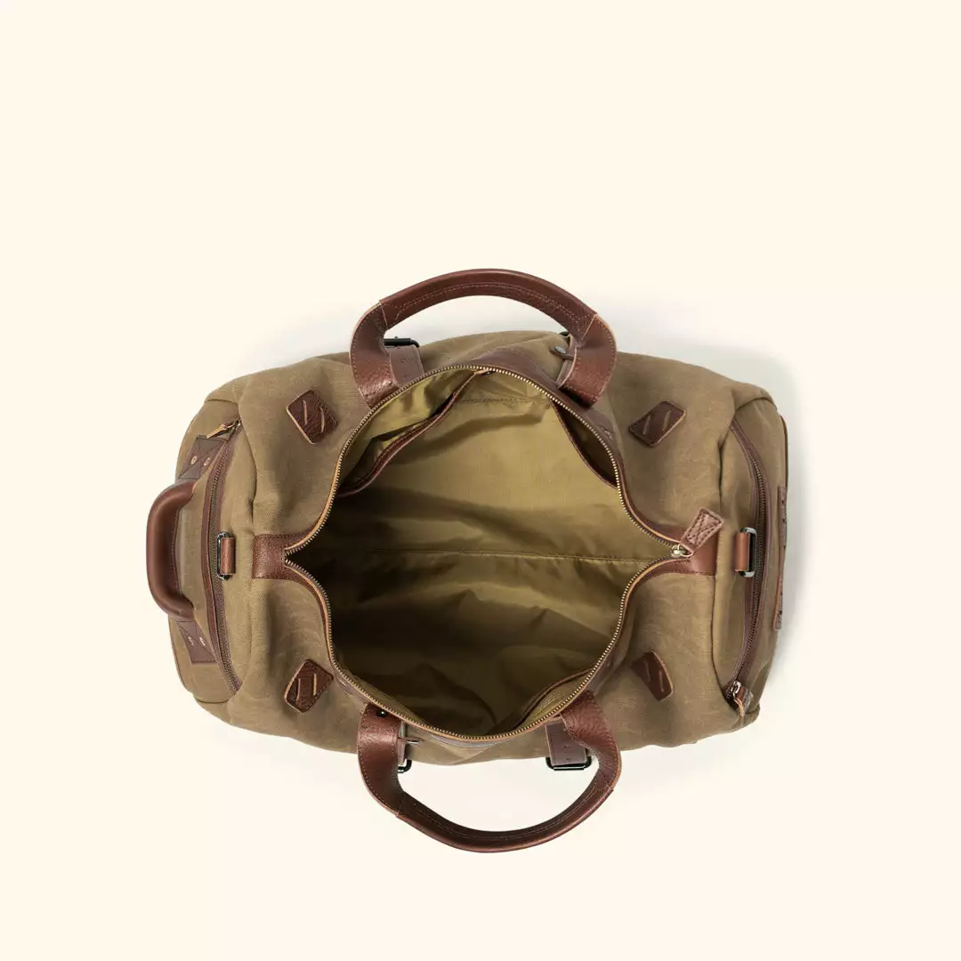 Buffalo Jackson Trading Co. Dakota Waxed Canvas Duffle Bag/Backpack | Field Khaki W/ Chestnut Brown Leather 10 Buffalo Jackson Trading Co. Dakota Waxed Canvas Duffle Bag/Backpack | Field Khaki W/ Chestnut Brown Leather