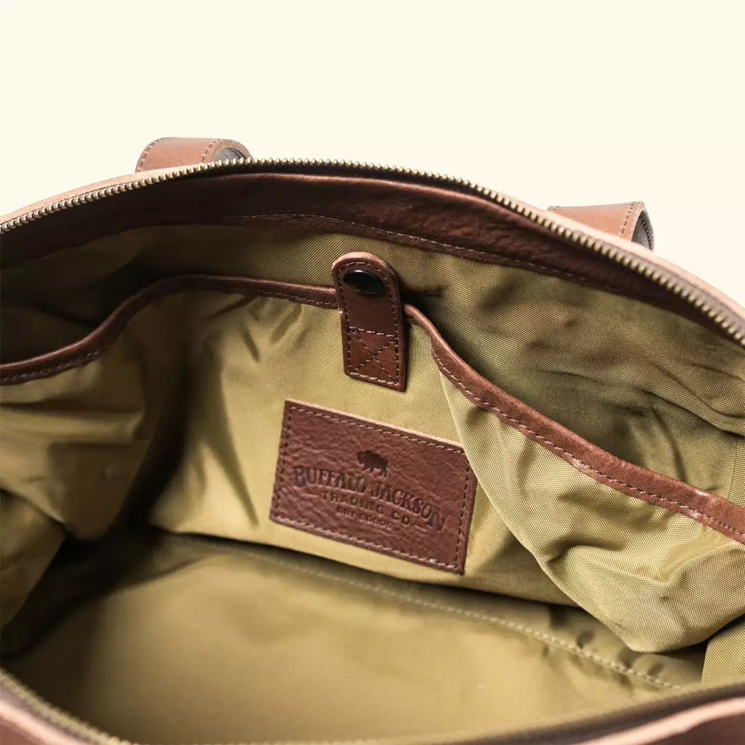 Buffalo Jackson Trading Co. Leather Duffle Bags Dakota Waxed Canvas Weekend Bag | Field Khaki W/ Chestnut Brown Leather 8 Buffalo Jackson Trading Co. Leather Duffle Bags Dakota Waxed Canvas Weekend Bag | Field Khaki W/ Chestnut Brown Leather