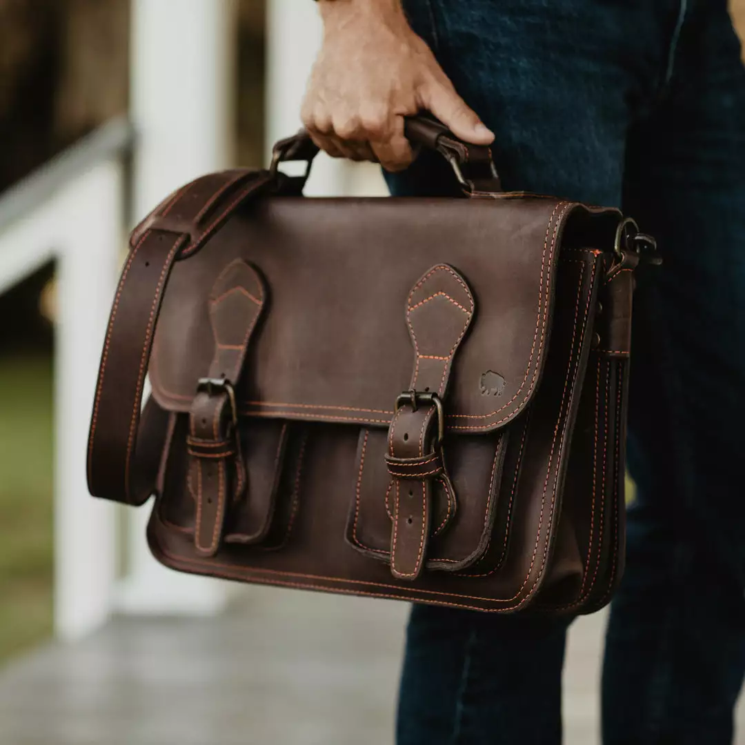 Buffalo Jackson Trading Co. Outlet Denver Leather Briefcase | Limited Edition - Dark Briar W/ Orange Stitching 9 Buffalo Jackson Trading Co. Outlet Denver Leather Briefcase | Limited Edition - Dark Briar W/ Orange Stitching