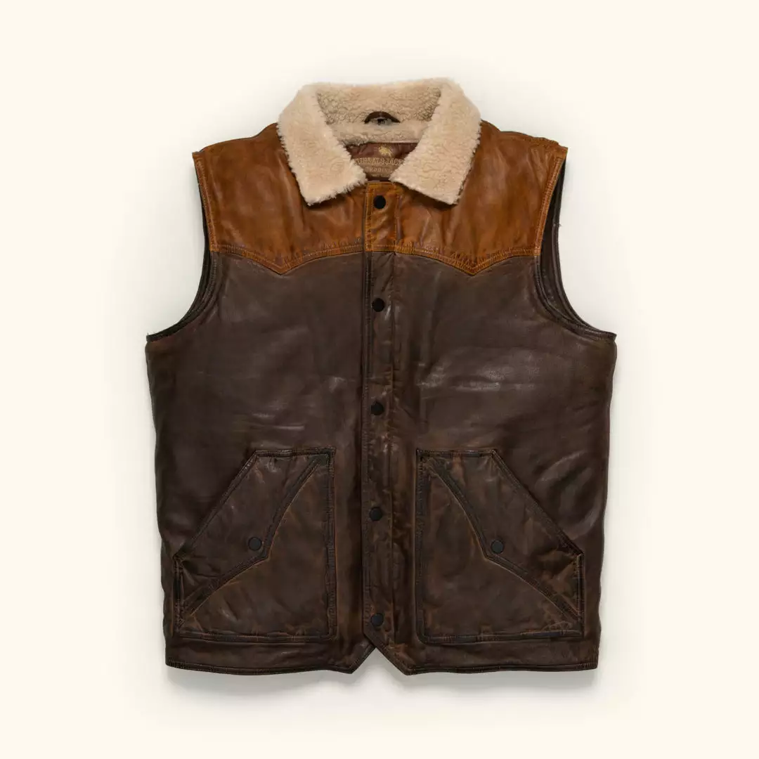 Buffalo Jackson Trading Co. Leather Jackets Jackson Leather Sherpa Vest | Tan & Brown 4 Buffalo Jackson Trading Co. Leather Jackets Jackson Leather Sherpa Vest | Tan & Brown
