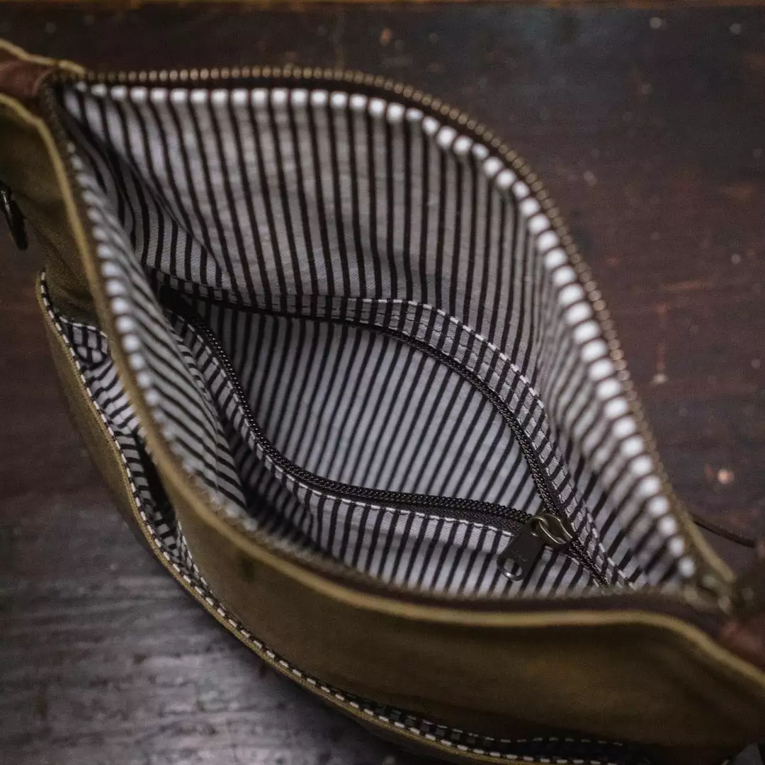 Buffalo Jackson Trading Co. Madison Waxed Canvas Crossbody Foldover Clutch | Khaki W/ Dark Hazelnut Leather 7 Buffalo Jackson Trading Co. Madison Waxed Canvas Crossbody Foldover Clutch | Khaki W/ Dark Hazelnut Leather