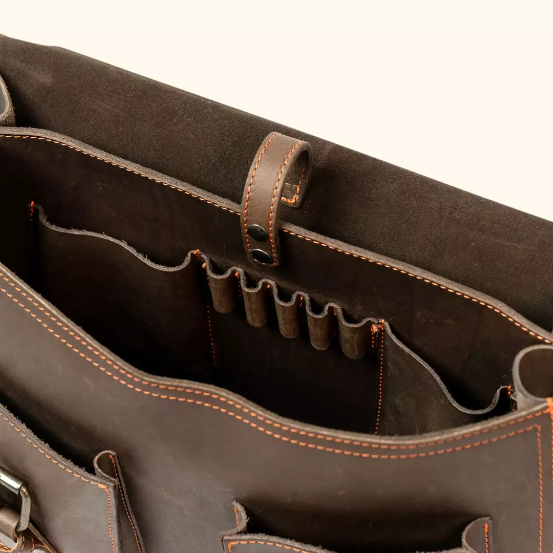 Buffalo Jackson Trading Co. Outlet Denver Leather Briefcase | Limited Edition - Dark Briar W/ Orange Stitching 8 Buffalo Jackson Trading Co. Outlet Denver Leather Briefcase | Limited Edition - Dark Briar W/ Orange Stitching