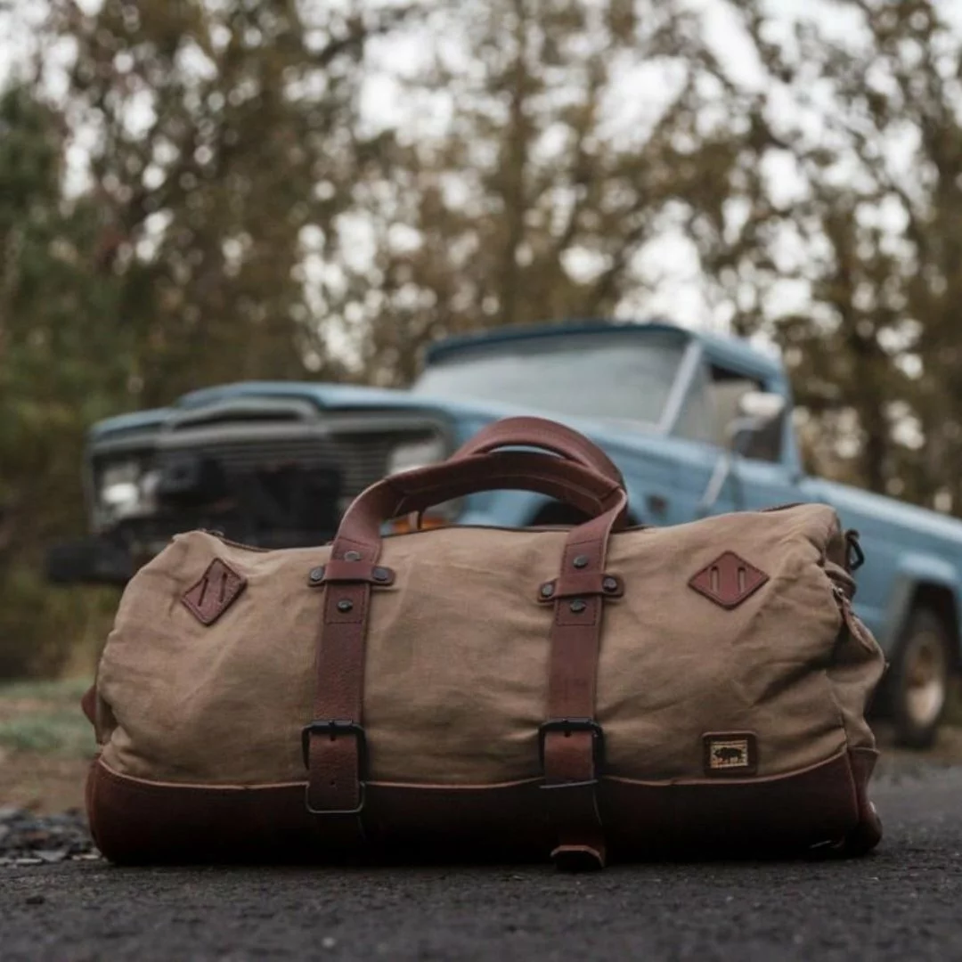 Buffalo Jackson Trading Co. Dakota Waxed Canvas Duffle Bag/Backpack | Field Khaki W/ Chestnut Brown Leather 14 Buffalo Jackson Trading Co. Dakota Waxed Canvas Duffle Bag/Backpack | Field Khaki W/ Chestnut Brown Leather