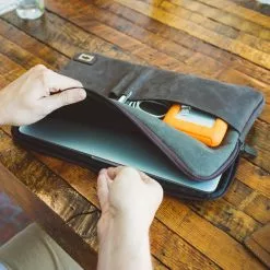 Buffalo Jackson Trading Co. Denver Waxed Canvas 13 Inch Laptop Case | Green W/ Dark Walnut Leather