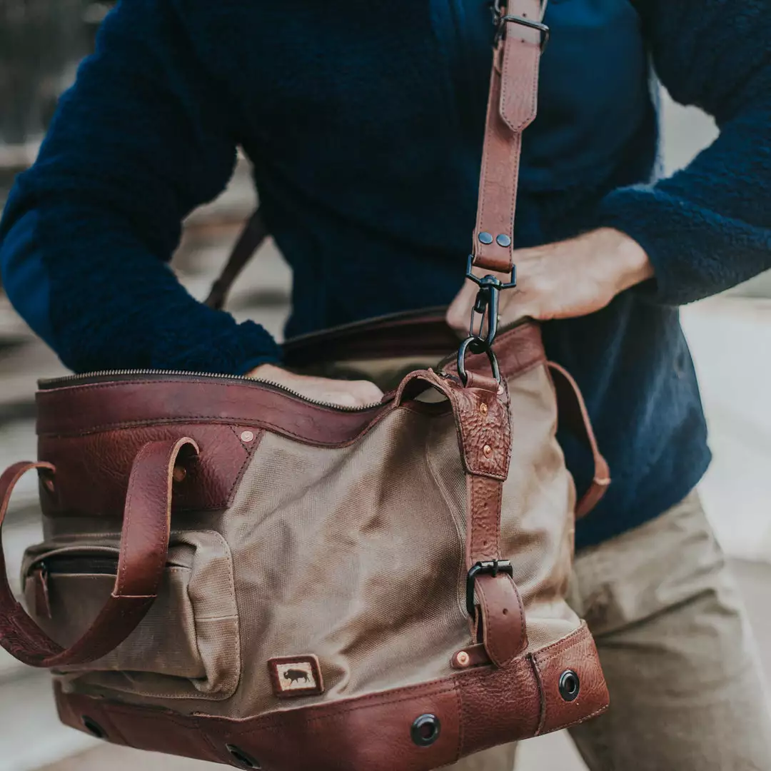 Buffalo Jackson Trading Co. Leather Duffle Bags Dakota Waxed Canvas Weekend Bag | Field Khaki W/ Chestnut Brown Leather 10 Buffalo Jackson Trading Co. Leather Duffle Bags Dakota Waxed Canvas Weekend Bag | Field Khaki W/ Chestnut Brown Leather