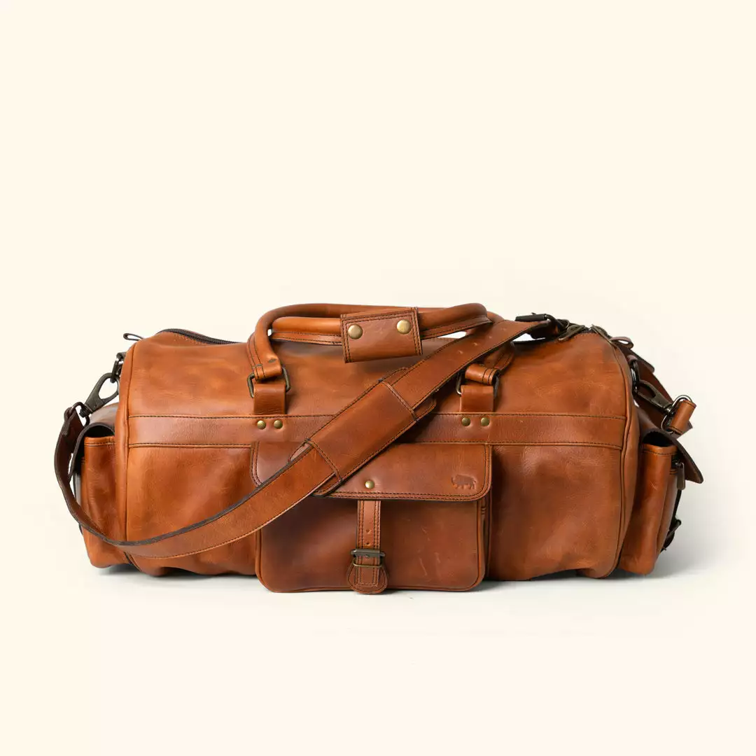 Buffalo Jackson Trading Co. New Roosevelt Buffalo Leather Duffle Bag | Amber Brown 3 Buffalo Jackson Trading Co. New Roosevelt Buffalo Leather Duffle Bag | Amber Brown