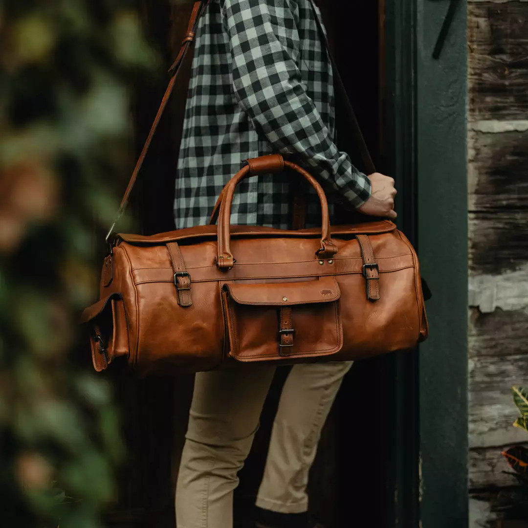 Buffalo Jackson Trading Co. Roosevelt Buffalo Leather Travel Duffle Bag | Amber Brown 7 Buffalo Jackson Trading Co. Roosevelt Buffalo Leather Travel Duffle Bag | Amber Brown