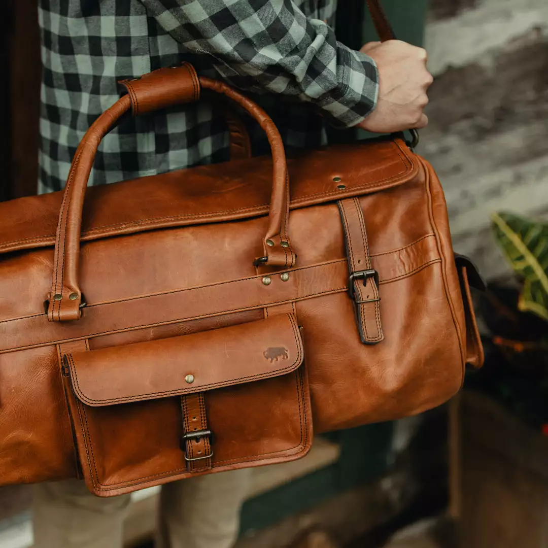 Buffalo Jackson Trading Co. Roosevelt Buffalo Leather Travel Duffle Bag | Amber Brown 8 Buffalo Jackson Trading Co. Roosevelt Buffalo Leather Travel Duffle Bag | Amber Brown