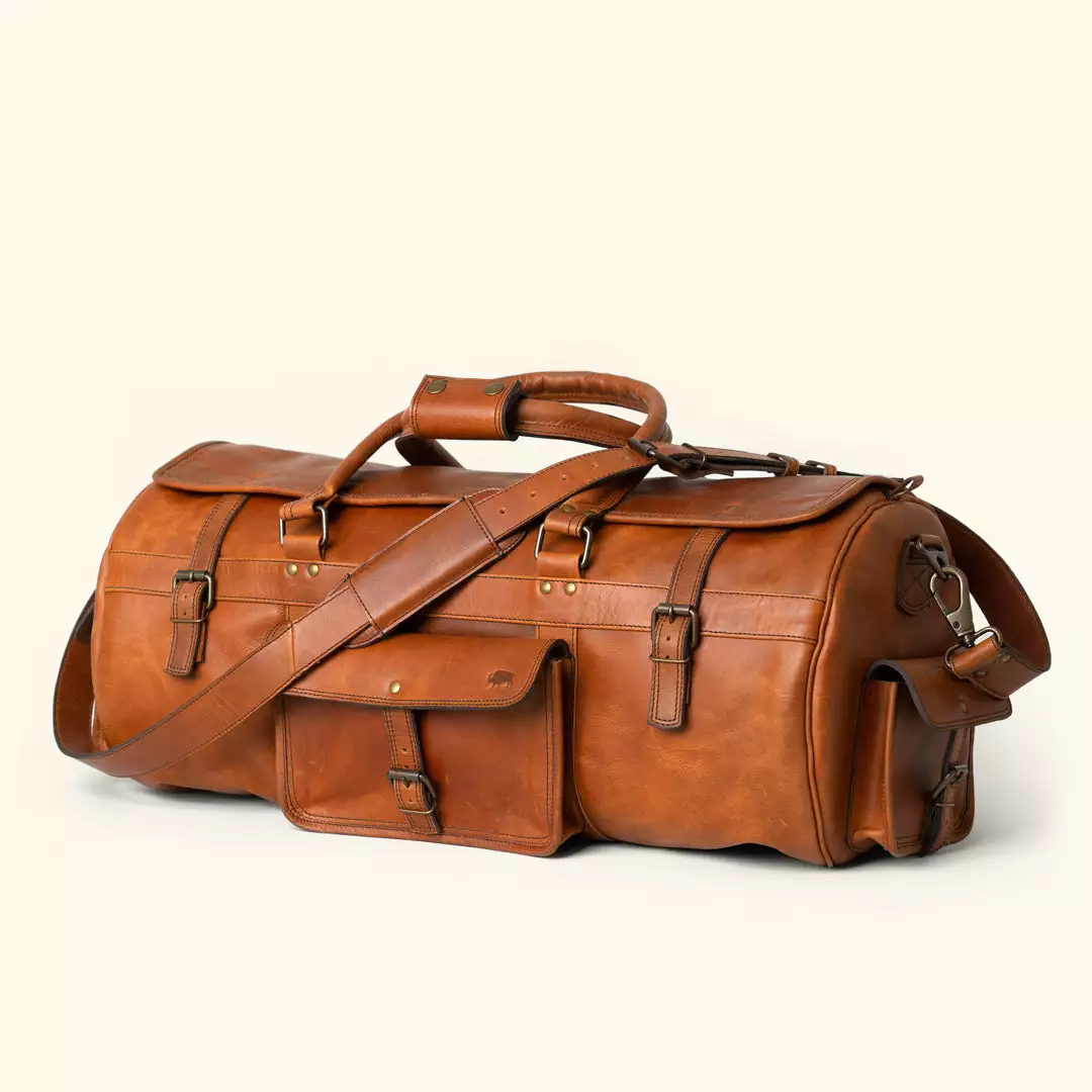 Buffalo Jackson Trading Co. Roosevelt Buffalo Leather Travel Duffle Bag | Amber Brown 4 Buffalo Jackson Trading Co. Roosevelt Buffalo Leather Travel Duffle Bag | Amber Brown