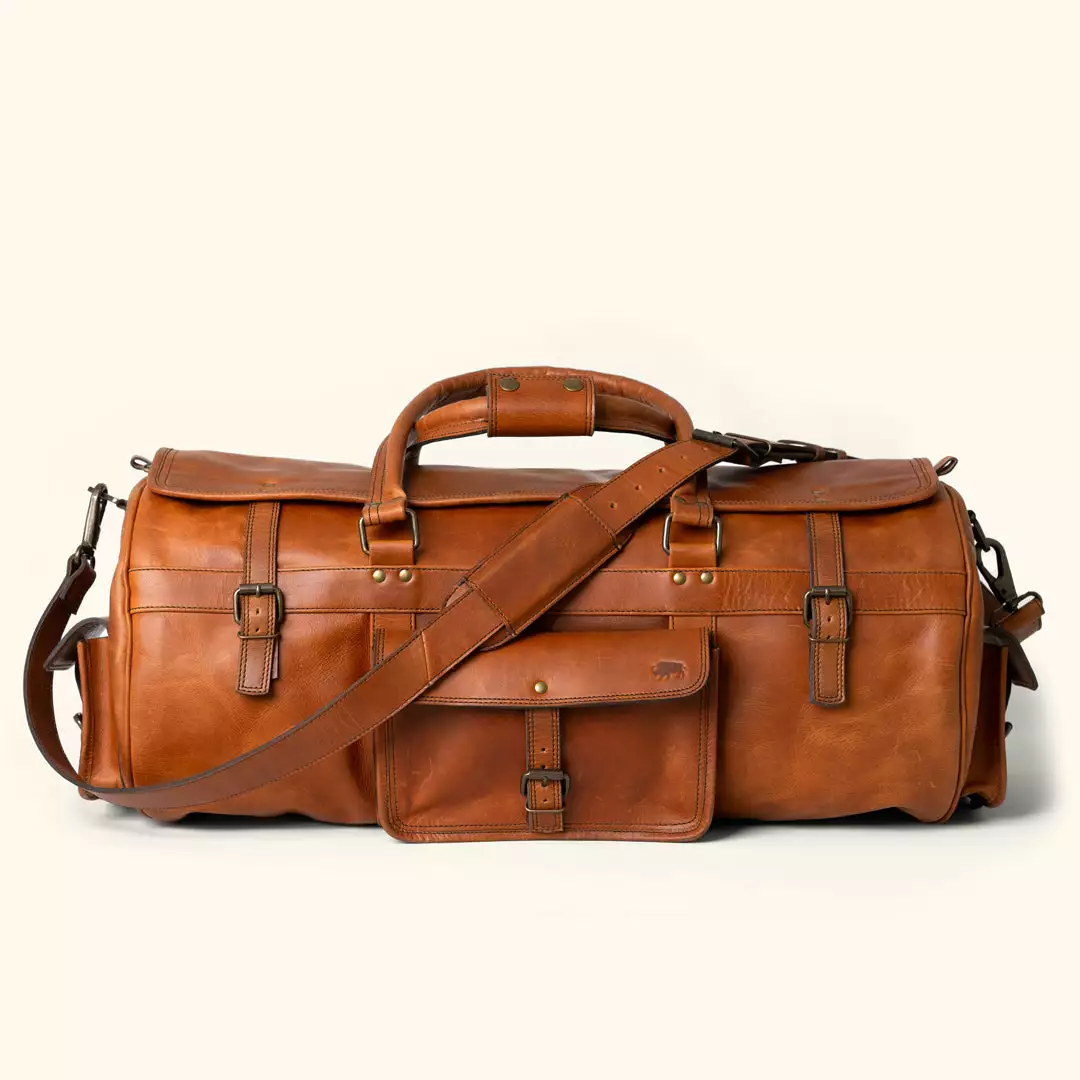 Buffalo Jackson Trading Co. Roosevelt Buffalo Leather Travel Duffle Bag | Amber Brown 3 Buffalo Jackson Trading Co. Roosevelt Buffalo Leather Travel Duffle Bag | Amber Brown