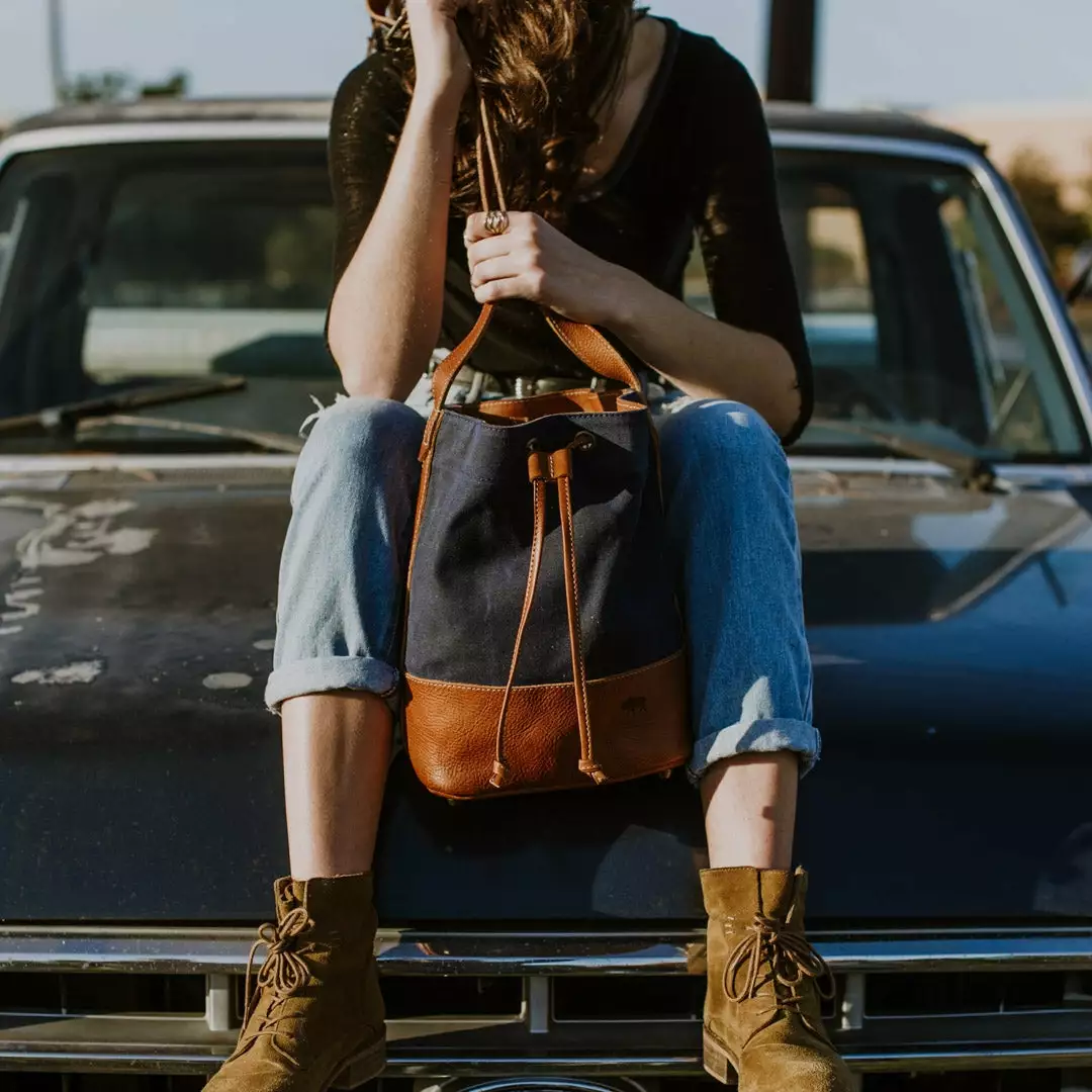 Buffalo Jackson Trading Co. Madison Waxed Canvas Bucket Bag | Navy W/ Saddle Tan Leather 9 Buffalo Jackson Trading Co. Madison Waxed Canvas Bucket Bag | Navy W/ Saddle Tan Leather