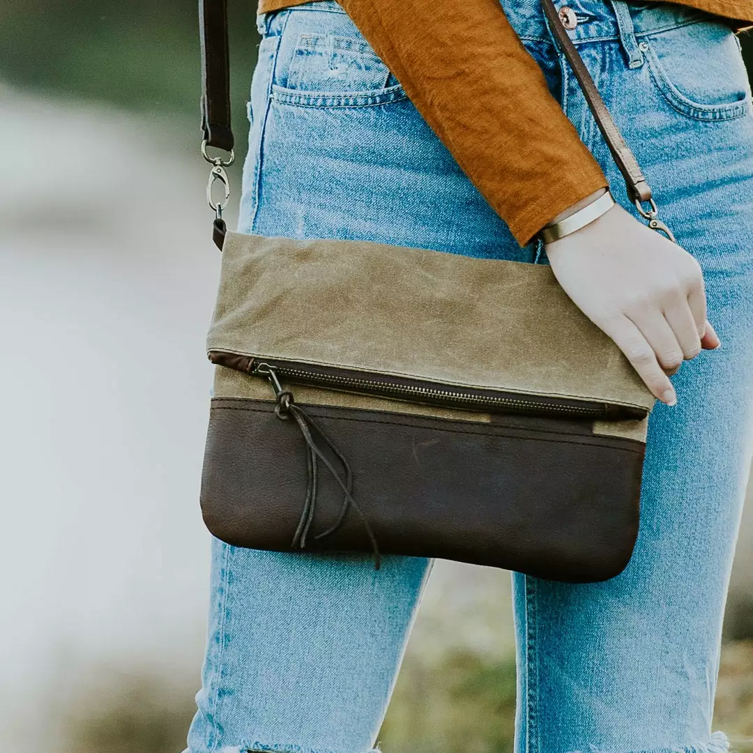 Buffalo Jackson Trading Co. Madison Waxed Canvas Crossbody Foldover Clutch | Khaki W/ Dark Hazelnut Leather 9 Buffalo Jackson Trading Co. Madison Waxed Canvas Crossbody Foldover Clutch | Khaki W/ Dark Hazelnut Leather