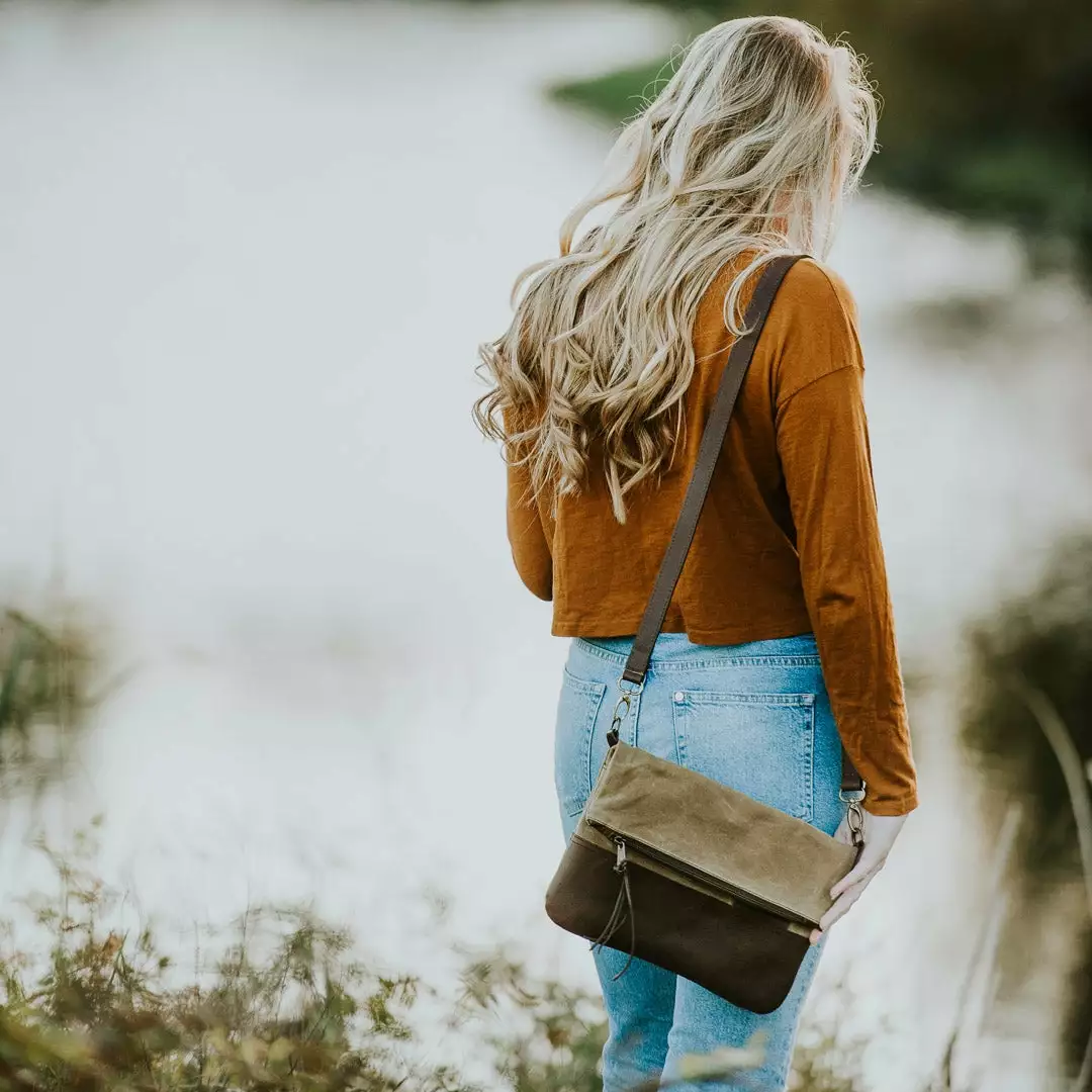 Buffalo Jackson Trading Co. Madison Waxed Canvas Crossbody Foldover Clutch | Khaki W/ Dark Hazelnut Leather 8 Buffalo Jackson Trading Co. Madison Waxed Canvas Crossbody Foldover Clutch | Khaki W/ Dark Hazelnut Leather
