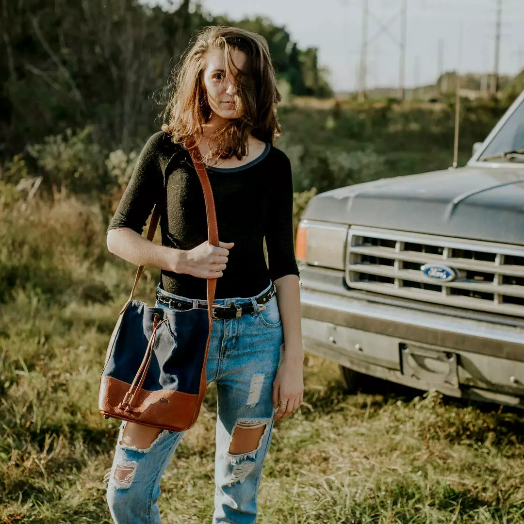 Buffalo Jackson Trading Co. Madison Waxed Canvas Bucket Bag | Navy W/ Saddle Tan Leather 13 Buffalo Jackson Trading Co. Madison Waxed Canvas Bucket Bag | Navy W/ Saddle Tan Leather